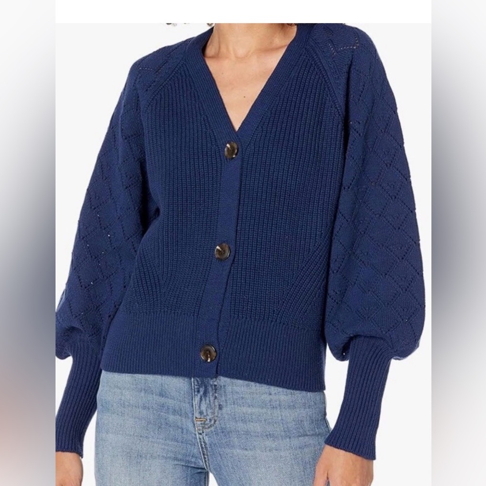 The Drop Women's Divya Pointelle Full Sleeve Cardigan Sweater Navy‎ Medium
